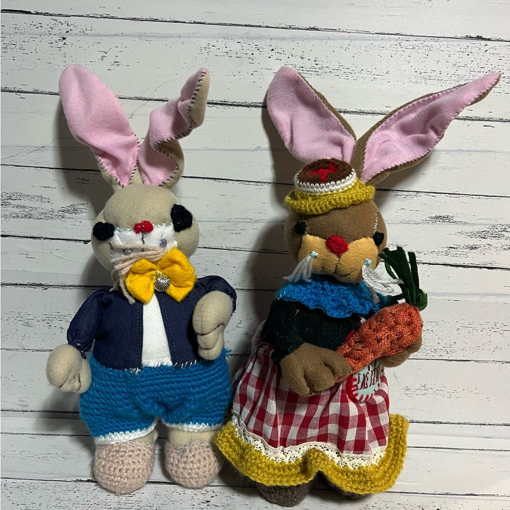Vintage Easter Bunny Doll Pair Hand-Finished Style -Fabric & Crochet Details 14”